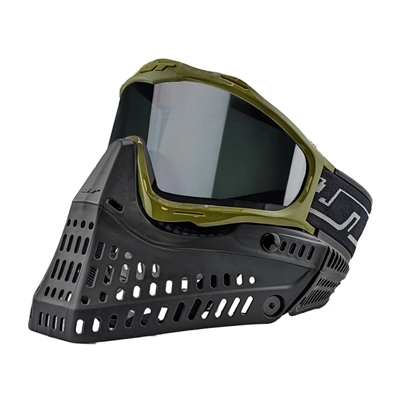 A JT Proflex paintball mask. The mask has purple frames, and black bottoms and ears. Ships with a clear thermal lens.