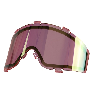 A Pink Mirror thermal lens for JT paintball masks that use the Spectra lens design