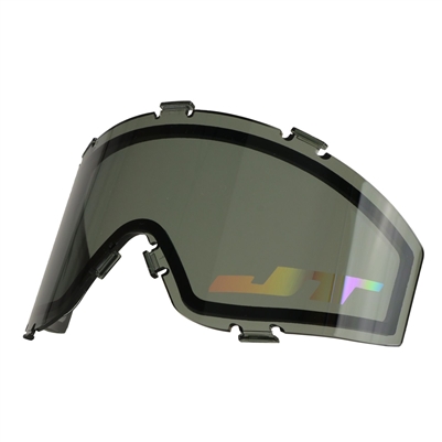 A smoke thermal lens for JT paintball masks that use the Spectra lens design. The lens has a chromatic red mirror logo on it.