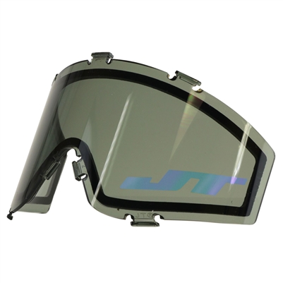 A smoke thermal lens for JT paintball masks that use the Spectra lens design. The lens has a blue mirror logo on it.