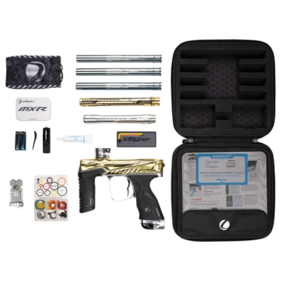 A Dye MXR electronic paintball marker in the PGA Cyber colorway. The marker is polished gold with polished silver parts.