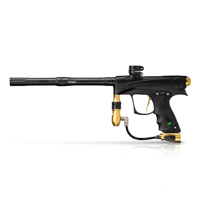 A Dye Rize CZR+ electronic paintball marker. The marker is dust black with dust gold accents.