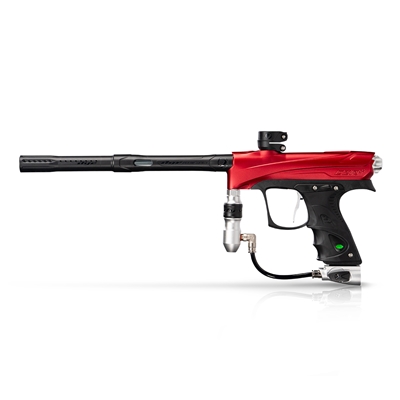 A Dye Rize CZR+ electronic paintball marker. The marker is dust red with dust silver accents.