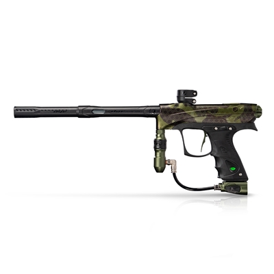 A Dye Rize CZR+ electronic paintball marker. The marker has an olive camouflage pattern.