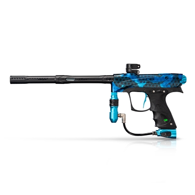A Dye Rize CZR+ electronic paintball marker. The marker has a cyan camouflage pattern.
