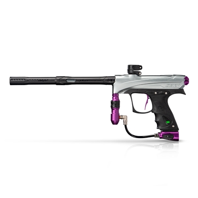 A Dye Rize CZR+ electronic paintball marker. The marker is dust grey with dust purple accents.