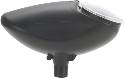 A black JT 200rd gravity feed loader for .68 caliber paintball markers.