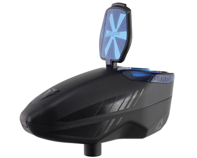 A JT Triad electronic paintball loader. The loader is black with blue accents.