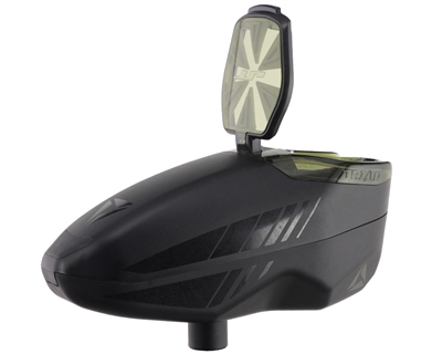 A JT Triad electronic paintball loader. The loader is black with olive green accents.