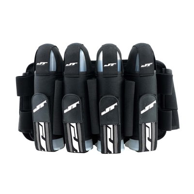 A JT FX 4+7 paintball harness. The harness is black with white accents.