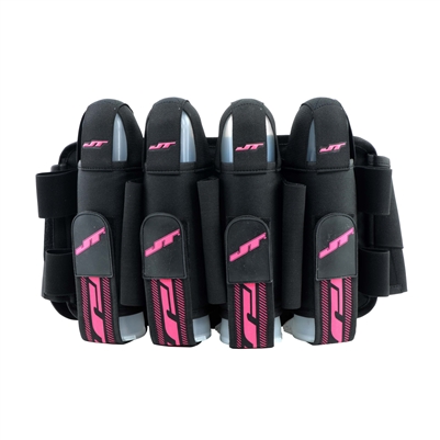 A JT FX 4+7 paintball harness. The harness is black with pink accents.