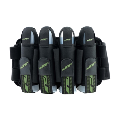 A JT FX 4+7 paintball harness. The harness is black with olive green accents.