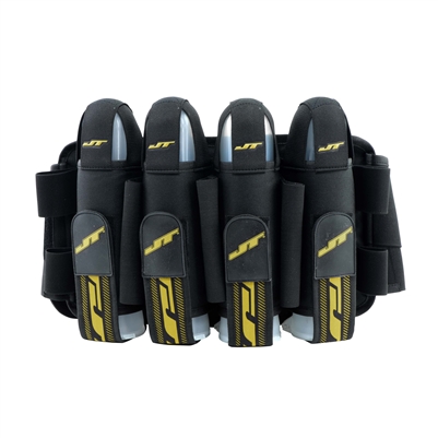 A JT FX 4+7 paintball harness. The harness is black with gold accents.