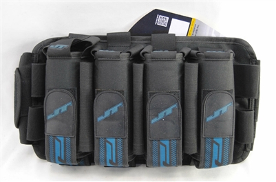 A JT FX 4+7 paintball harness. The harness is black with blue accents.