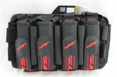 A JT FX 4+7 paintball harness. The harness is black with red accents.