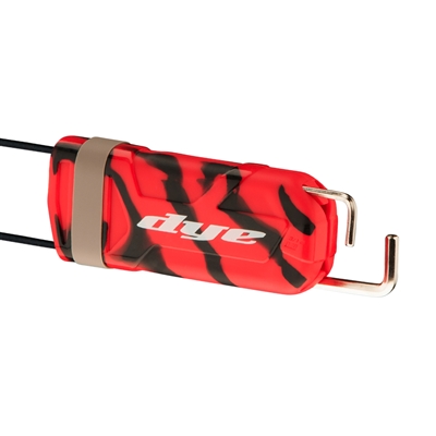 A Dye Flex barrel cover for paintball marker barrels. The cover is red and black.