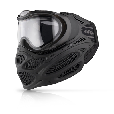 An Onyx Black Dye i3 Pro paintball mask.