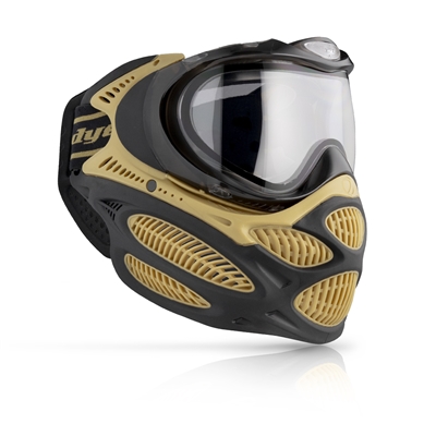 An Heritage Gold Dye i3 Pro paintball mask.