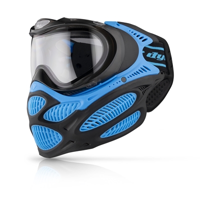 A Glacier Cyan Dye i3 Pro paintball mask.