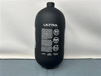A JT Ultra series 80/4500 carbon fiber HPA tank for paintball. The bottle is black with grey logos.