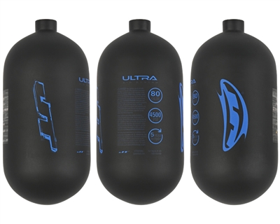A JT Ultra series 80/4500 carbon fiber HPA tank for paintball. The bottle is black with blue logos.