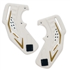 A set of replacement foam ear pieces for Dye i5 paintball masks. The ears are white and gold.