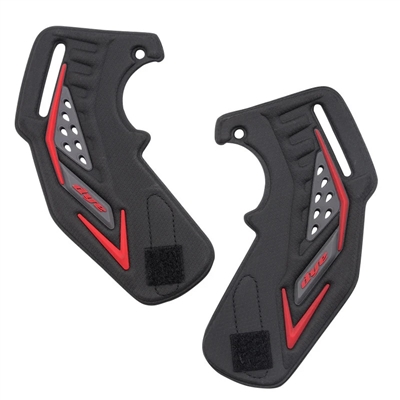 A set of replacement foam ear pieces for Dye i5 paintball masks. The ears are black and red.
