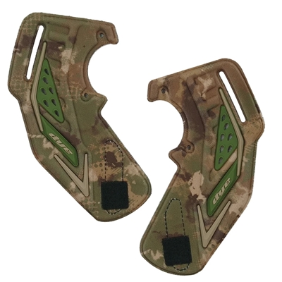 A set of replacement foam ear pieces for Dye i5 paintball masks. The ears have Dye's custom camouflage pattern.