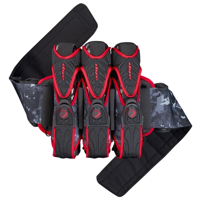 A Dyecam Red Dye Assault Pack Pro 3+4 paintball harness.