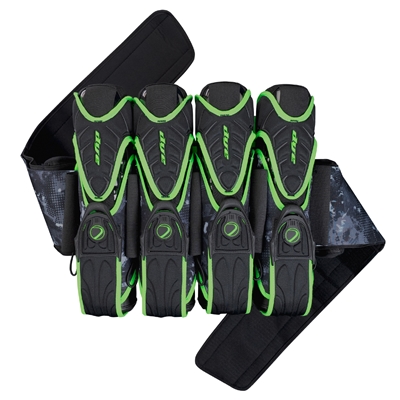 A Dyecam Lime Dye Assault Pack Pro 4+5 paintball harness.
