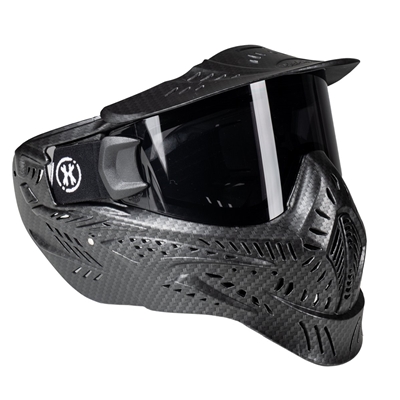 A HK Army HSTL Goggle for paintball and airsoft. The mask has a carbon fiber graphic printed on it.