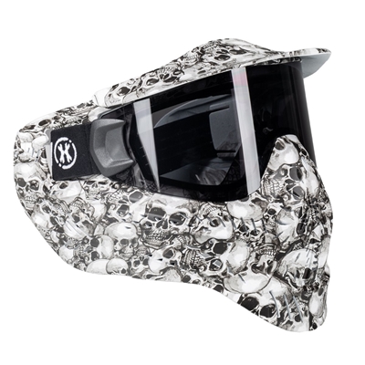 An HK Army HSTL Goggle for paintball and airsoft. The mask has a skull graphic print on it.