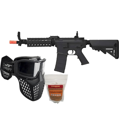 The Tippmann Tactical BT M4 Airsoft Battle Package includes everything new airsoft players need to get started. The package includes a Tippmann BT M4 CQB airsoft rifle, a JT Delta airsoft mask, a 5000ct bag of .20g airsoft bbs, a battery, and a charger.