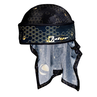A Dye x Halo paintball head wrap in the hypercam black gold colorway.