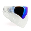 A Bunkerkings CMD paintball mask in the Clear colorway. The mask is clear and has a blue mirrored thermal lens.