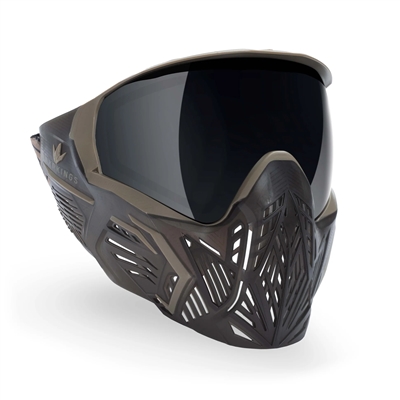 A Bunkerkings CMD paintball mask in the Black Desert colorway. The mask is black with tan accents and has a smoke thermal lens.