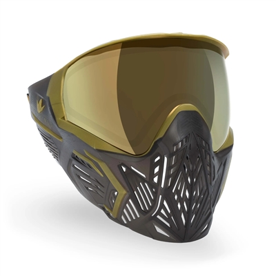 A Bunkerkings CMD paintball mask in the Black Gold colorway. The mask is black with gold accents and has a gold mirror thermal lens.