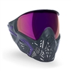 A Bunkerkings CMD paintball mask in the Aurora Grey colorway. The mask is grey with purple accents and has a purple mirror thermal lens.