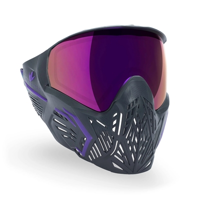 A Bunkerkings CMD paintball mask in the Aurora Grey colorway. The mask is grey with purple accents and has a purple mirror thermal lens.