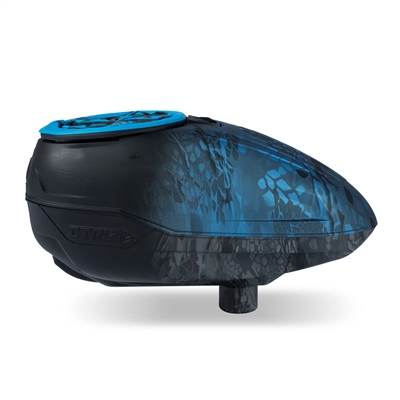 A Bunkerkings CTRL 2 electronic paintball loader in the ice highlander colorway.
