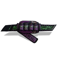 A Bunkerkings Fly2 paintball harness in the Royal Joker colorway. The harness is black and purple with green accents.