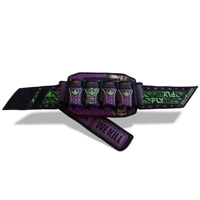 A Bunkerkings Fly2 paintball harness in the Royal Joker colorway. The harness is black and purple with green accents.