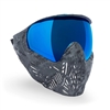 A Bunkerkings CMD paintball mask in the Black Highlander colorway. The mask has a grey and black camo pattern and a blue mirror thermal lens.