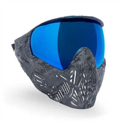 A Bunkerkings CMD paintball mask in the Black Highlander colorway. The mask has a grey and black camo pattern and a blue mirror thermal lens.