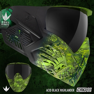 A Bunkerkings CMD paintball mask in the acid black highlander colorway.