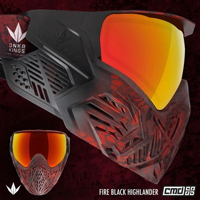 A Bunkerkings CMD paintball mask in the fire black highlander colorway.