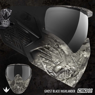 A Bunkerkings CMD paintball mask in the ghost black highlander colorway.