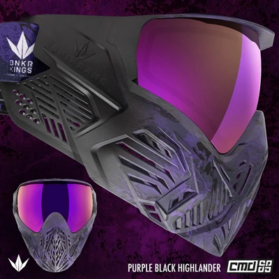 A Bunkerkings CMD paintball mask in the purple black highlander colorway.