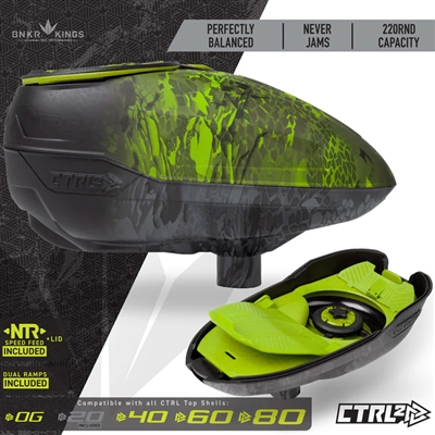 A Bunkerkings CTRL 2 electronic paintball loader in the ice highlander colorway.