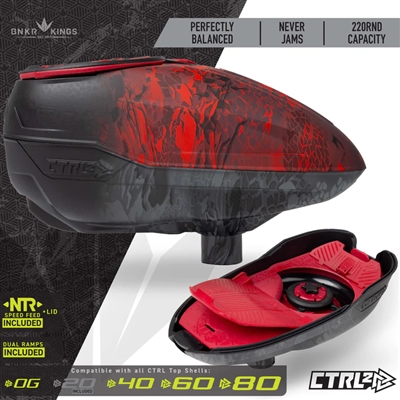 A Bunkerkings CTRL 2 electronic paintball loader in the fire black highlander colorway.